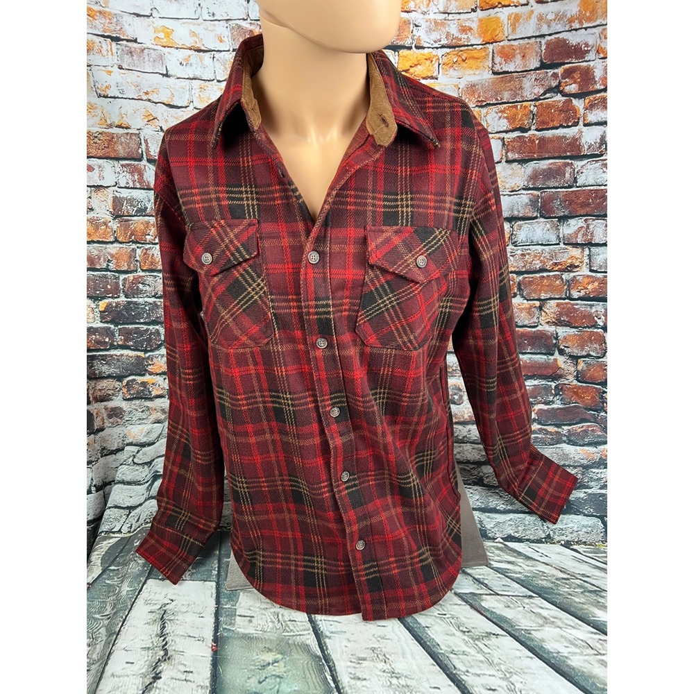 Jachs NY Mens‎ Medium Red Black Plaid Flannel Button Down Corduroy Collar Shirt